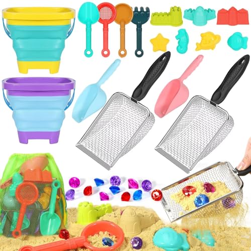 Beach Sand Toys for Kids,Sand toys with 2 Collapsible Beach Bucket,2 Beach Sifter Shovel,Sand Shovel Set,Sand Castle Kit,Sea Animal Molds,Diving Gem Pool Toy,Mesh Bag Travel Toys for Toddler 3-10