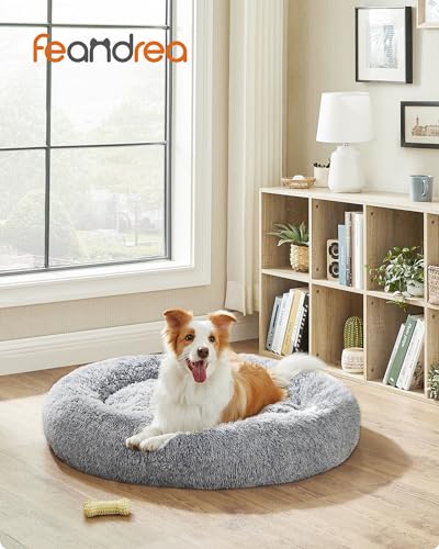 Feandrea Hundebett flauschig, Katzenbett, Donut Kissen, waschbar, Polsterung in der Mitte herausnehmbar, Langer Plüsch, 100 cm Durchmesser, Ombré-Grau PGW042G01