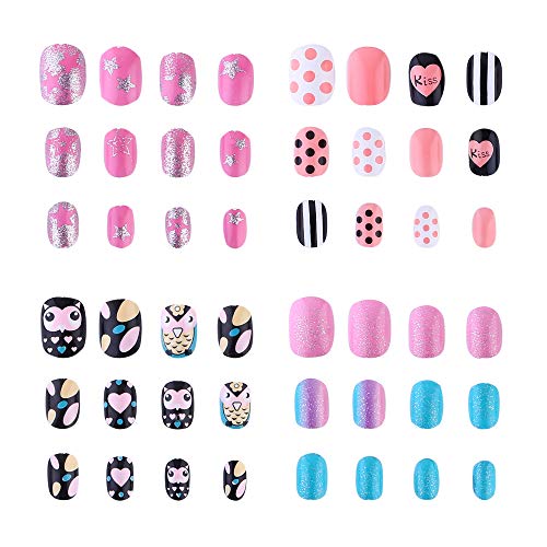 Press on False Nails Pre-glued Reusable Fake Nails for Kids Girls Teens, Twinkle Star, 4 Packs 48 Pieces Extra 48 Adhesive Tabs