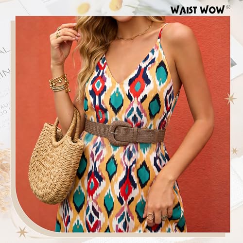 Image of Straw Woven Elastic Belt for Women Stretchy Belts for Dress Fashion Boho Waist Belt Rattan Raffia Ladies Belts