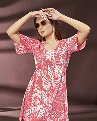 Image of DRESOUL Women's Pink Rayon Printed Party Fit and Flare Dress