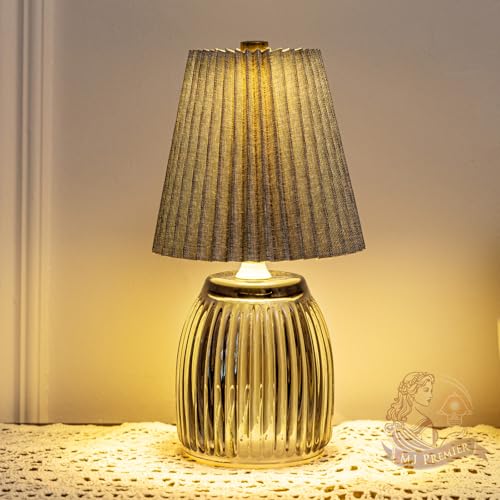 Image of MJ PREMIER Cordless Lamps, Small Battery Operated Lamp Timer, Glass Battery Powered Lamps with Grey Pleated Lamp Shade Modern, Table Centerpiece for Living Room/Bedroom/Tabletop/Entryway (Grey)