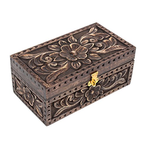 STORE INDYA Antique Style Wooden Jewellery Box Trinket Keepsake Storage Box Organiser with Floral Hand Carvings