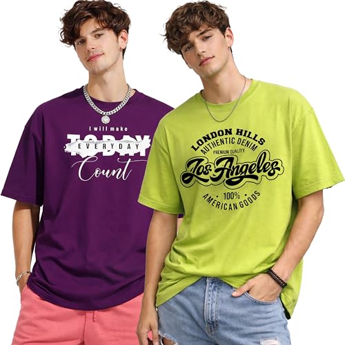 Image of London Hills Printed Cotton Blend Half Sleeve Oversized Men Round Neck Tshirts | T Shirt for Man | Tshirt | Shirts Men | Tshirt for Man | T-Shirt | Pack of 2