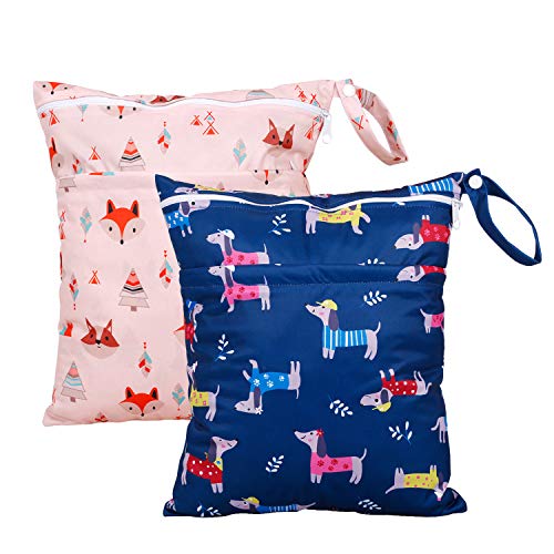 Image of TRENSOM Wet Bag for Swimsuits Waterproof Reusable with Two Zippered Fox Dachshund Cloth Diper Wet Dry Bag for Travel Beach Pool Stroller Gym Bag for Wet Clothes Pump Parts 2pcs