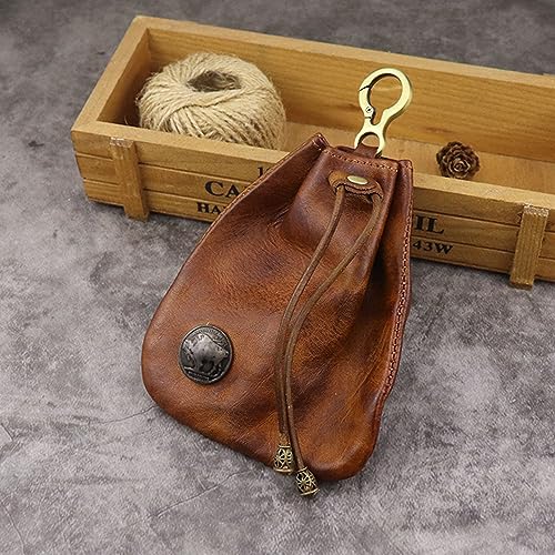 1Pcs Genuine Leather Drawstring Coin Purse Change Wallet Medieval Pouch Vintage Leather Coin Bag With Metal Clasp Mini Change Purse for Women Men (Light brown)3