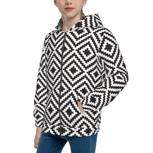 Black and White Geometric Kids Pullover Hoodies Boys Zip Up Sweatshirts Girls Athletic Clothes with Pocket