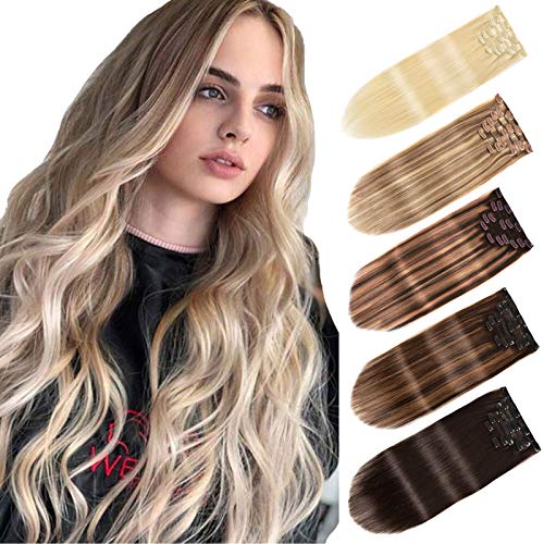Hair Extensions Clip in Human Hair 7 pcs 120g Clip in Hair Extensions for Women Ombre Hair Extensions Human Hair 16 inch(#16/22)
