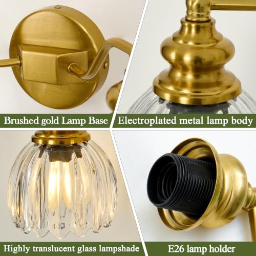 Image of Piepooye Vintage Bathroom Lights Fixtures 2 Lights Gold Vanity Light with Glass LampShade E26 Bulb Indoor Vanity Light Over Mirror for Bedroom Living Room Farmhouse Kitchen