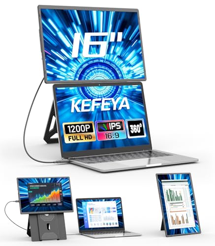 KEFEYA Portable Monitor, 16" FHD 1200P Laptop Screen Extender, 360° Rotation, Magnetic Mount Monitor, Travel Monitor For All Laptops, Plug and Play for Windows/Mac/Chrome/Xbox/PC