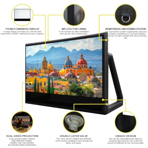 Image of Inflatable Projector Screen I Air-Tight No-Blower Design,Made from TPU Tarpaulin,for Indoor & Outdoor Use Backyard, Pool, Party, Camping, Movie Night Parties (Black, 170in)