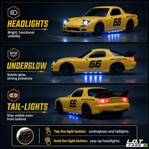 Image of Vortex RC Drift Car, 20 Km /h High Speed Remote Control Car, 2.4GHz 4WD with Pop-Up LED Headlights, Multi LED Lights, Long Range Control (Overdrive, Yellow)