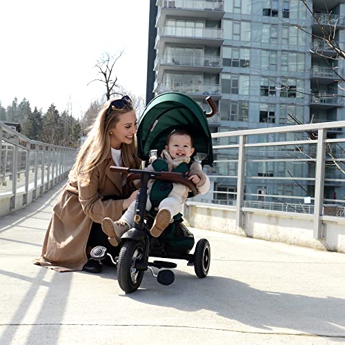 Image of QPlay Rito - Premium Luxury Foldable Trike for Toddlers Featuring Leather touchpoints, Toddler Tricycle Stroller, Push & Fold Tricycle for Ages 12 Months to 5 Years, Alpine Green Edition