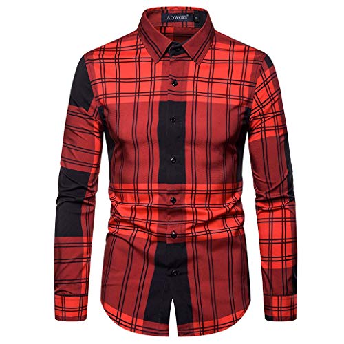 Subfamily Otoño de Lino Liso Algodón Talla Grande Botón de Manga Corta Camiseta con Cuello En V Blusa Suelta Camiseta Informal Tops para Hombres Rojo XXL