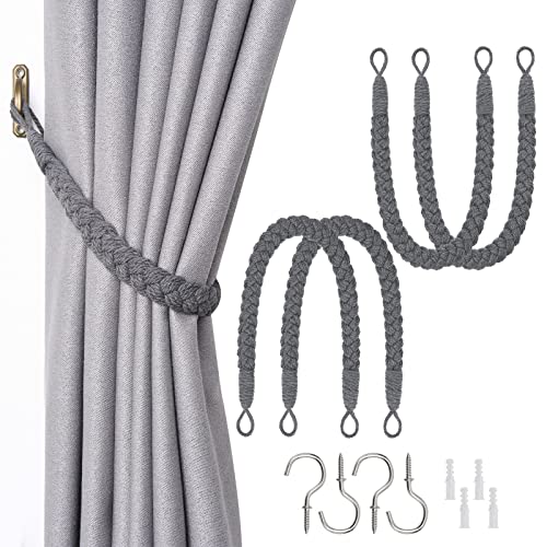 Pretty Jolly 4 Pack Natural Cotton Rope Curtain Tiebacks Elegant Boho Style Decorative Drape Tie Backs Soft Hand-Woven Rope Curtain Holdbacks with Metal Hook for Home & Office Drapery (Dark Grey)