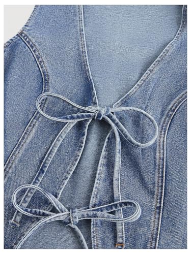 WDIRARA Women's Plus Size Bow Tie Front Denim Vest Jacket Western Sleeveless Jean Outerwear3