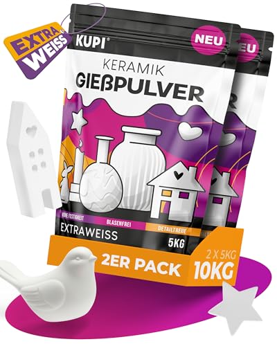 KUPI 2x5kg Gips zum Gießen Lufthärtend & Geruchlos | Keramik Gießpulver Weiß | Gießmasse für Silikonformen | Reliefgießpulver zum Basteln Modellieren Strukturieren