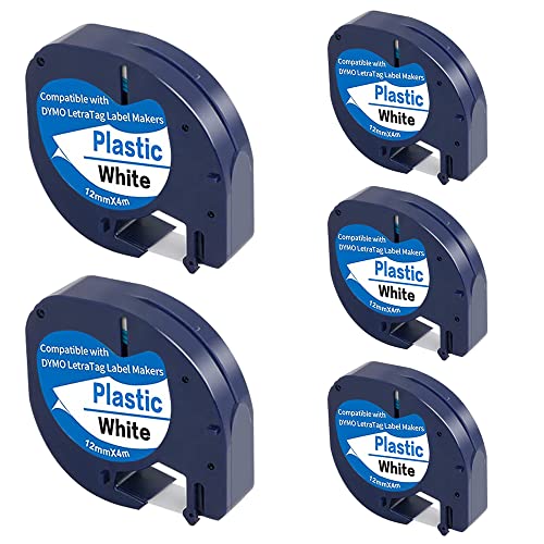 Paquete de 5 cintas compatibles con Dymo Letratag 91201 91331 S0721660, plástico blanco, 12 mm x 4 m, funciona con Dymo Letra Tag LT 100H LT 100T Plus 200B QX50 XR XM 2000