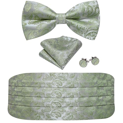 Image of YOHOWA Men Cummerbund Bow Tie Set Silk Paisley Formal Pre-Tied Bowtie Pocket Square Cufflinks Wedding Party Prom