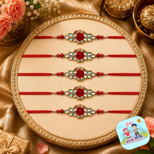 Image of CraftVatika Set of 5 Floral Designer Kundan Rakhi Set for Brother Boy Man Bhai, Lotus Rakhi Gift Combo Set for Bhaiya Rakhis for Raksha Bandhan with Tilak Set & Fridge Magnet Gift and Greeting Card