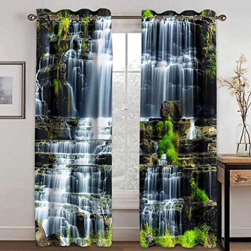 SHATOS Cortinas Opacas Termicas Aislantes - Impresión Cascada De Roca Verde 3D 200X214cm 2 Piezas Cortinas Salon Opacas Termicas Aislantes Ruido UV para Dormitorio Decoración De Ventanas