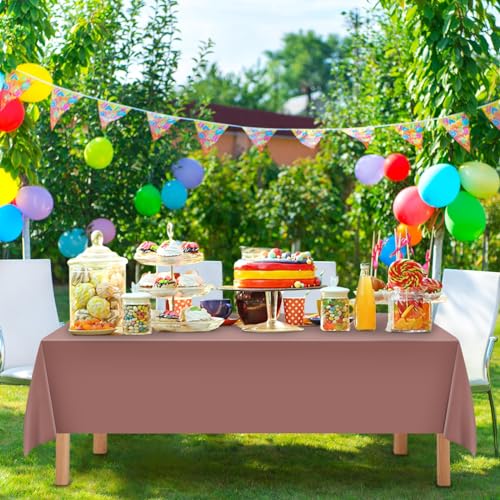 Image of Mulbozy 12 Pcs Brown Plastic Tablecloth for Rectangle Table, 54 x 108 inches Disposable Brown Party Table Covers for Birthday, Anniversary, Wedding, Fine Dining, Graduation Party Decoration