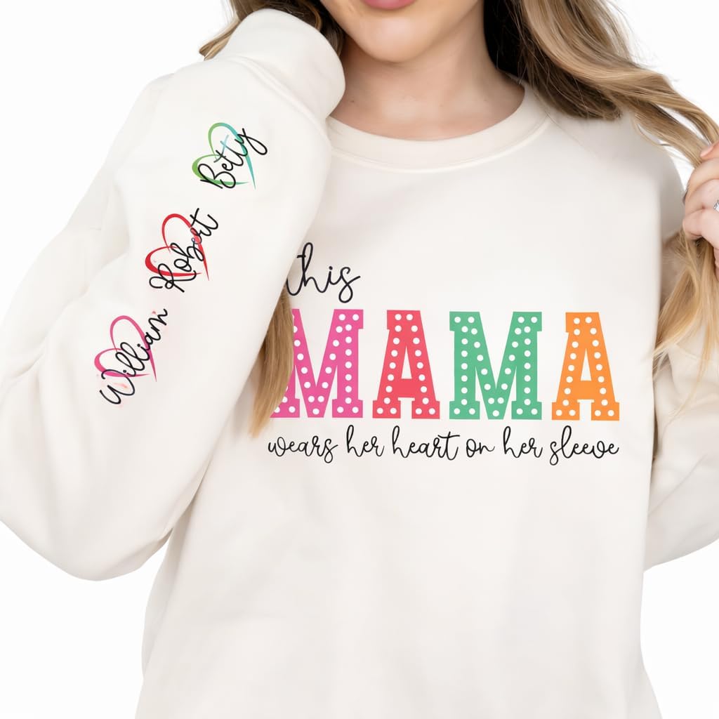 Personalized Mama Gildan Sweatshirt or Hoodie, Kids Names on Sleeve, This Mama Wears Her Heart on Her Sleeve Black