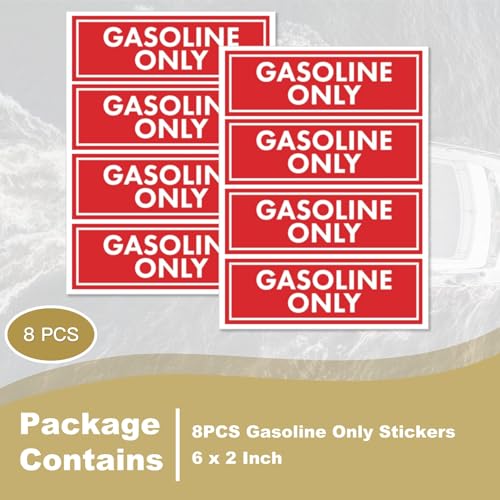 Image of Gasoline Only Sticker 8 Pack for Fuel Tank Cap Can Boat Car Truck 6x2 Inch | for Marine Boat Automotive Truck Tractor Fuel Tank Cap Can 6x2 Inch UV Fade Protected Gasoline Only Sticker 8 Pack Decal Set