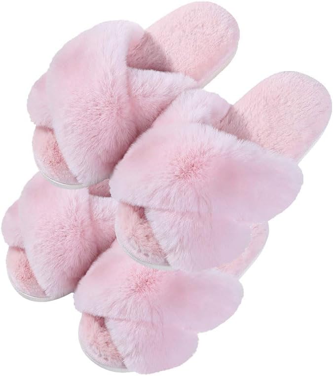 Evshine 2Pairs 4Pairs Women's Fuzzy Slippers Cross Band Memory Foam House Slippers Open Toe Indoor Outdoor Shoes
