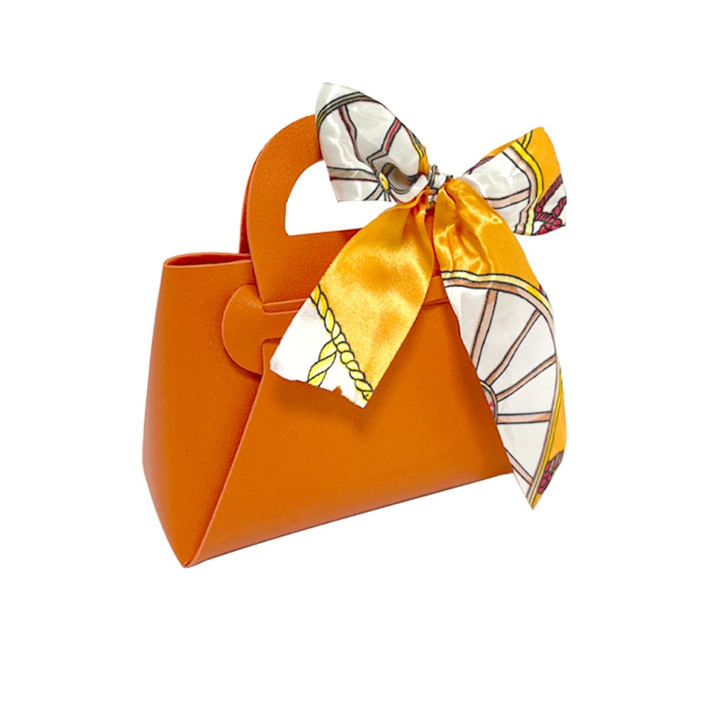 Leather Gift Bag with Bow for Smart Gift Wrap, Elegant Gift Box for Small Gifts, Party Favors Return Gifts Candy Bag for Weddings, Birthdays, Baby Showers, Eid, Christmas Gifts Hand Bag(Orange)