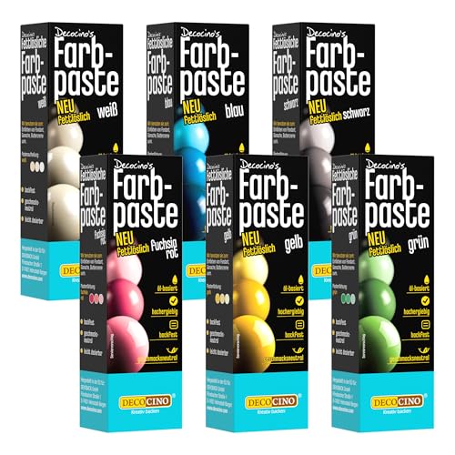Decocino fettlösliche Farbpaste-Set 6er-Set 6 x 15 g Lebensmittelfarben in Rot Weiß Grün Gelb Blau und Schwarz ideal zum Einfärben von Kuchen Fondant und Cremes AZO-Frei und Glutenfrei