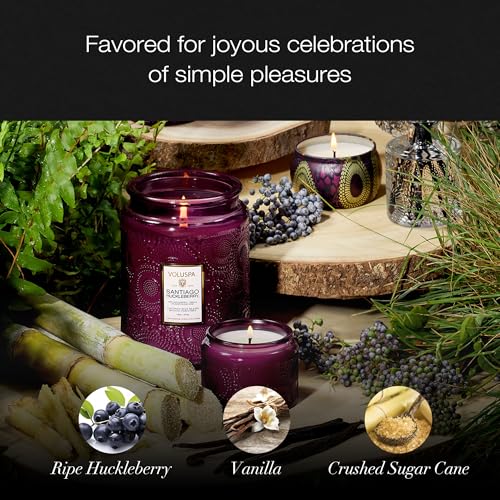 Image of Voluspa Santiago Huckleberry Large Scented Candle Jar 18 Oz, 100 Hr Burn | Coconut Wax Blend in Decorative Glass, Clean Even Burn, USA Handcrafted Gift for Hosts, Fragrance Lovers & Relaxed Rooms