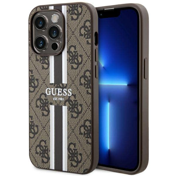 Guess GUHMP14LP4RPSW Coque Rigide pour iPhone 14 Pro 6,1'', Coque de téléphone Marron à Rayures imprimées 4G