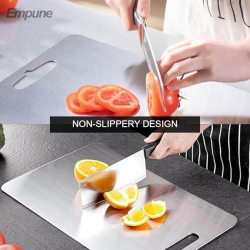 Image of 304 Stainless Steel Rectangular Chopping Board for Kitchen | with 1 Steel Straw & Anti-Skid Silicon Pad | 31 x 21 cm | for Cutting Vegetables, Meat, Fish, Fruits | Multipurpose | Medium