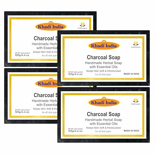 Image of Khadi 100% Pure & Natural Khadi Natural Neem Charcoal Soaps| Deeply cleanses and detoxifies| Reduces acne and blackheads| Firms up skin| Pack of 4 (125gm*4) (500gm)