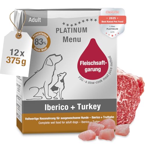 PLATINUM - Hundenahrung Menu Adult Iberico+Turkey aus Fleischsaftgarung - 12 x 375 g Hundenassfutter nährstoffreich wie Barf - besonders saftig für kleine und große Hunde - BPA-frei in DE geprüft