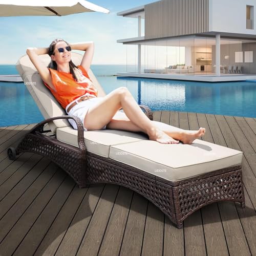 Image of UF Outdoor Poolside Lounger with Adjustable Backrest and Side Coffee Table Sun Chaise Recliner for Terrace Garden Poolside for Relaxation Durable and Stylish- Set of 2 (Brown & Beige)