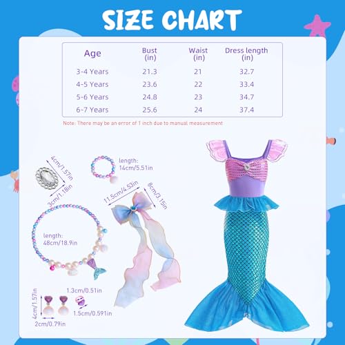 Image of PATPAT� Mermaid Dress for Girls - Little Mermaid Costume for Girls with Matching Jewelry & Hair Clip Mermaid Dress Princess Dresses for Girls 4-6 Years Old Gift Birthday Party