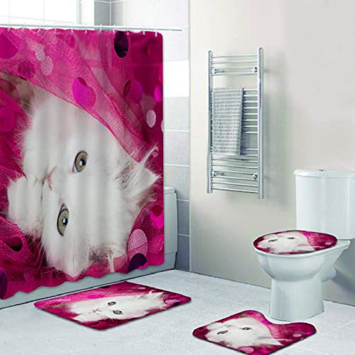Duschvorhang Süße Weiße Katze Badezimmerteppich 4-Teiliges Set, Duschvorhang 180x180 Polyester+Badematte rutschfeste…