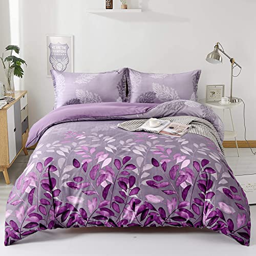 Juego de ropa de cama de 3 piezas con funda de edredón morada, diseño floral morado, reversible, ligero, con cierre de cremallera (doble, 200 x 200 cm)