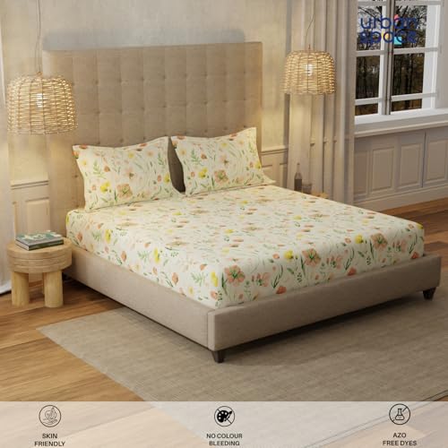 Image of Urban Space Serene 200 TC 100% Cotton Elastic Fitted Bedsheets King Size With 2 Pillow Covers, King Size Bedsheet Floral(Meadows Buttercream, Size 72 X 78 Inches)