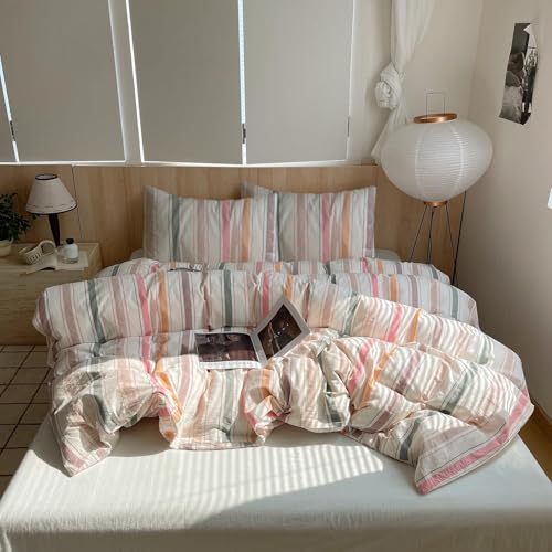Image of VM VOUGEMARKET Multicolor Striped Duvet Cover Set King Washed Cotton Bedding Stripes Duvet Cover with 2 Pillowcases for Girls Women(Orange /Pink /Green /Coffee)