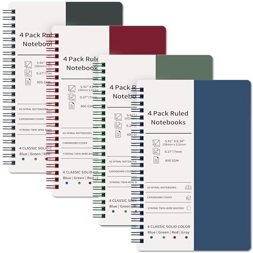 Tersus Spiral Notebook - 4 Pack A5 Spiral Notebook, 5.91'' x 8.34'', 80 Sheets/160 Pages Per Notebook, Journals for Women, Spiral Notebook with Twin-Wire Binding, College Ruled Notebooks for Office & School