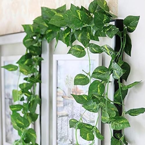 Image of Artificial Dark Green Leaf Vine Money Plant Hanging, Artificial Ivy Leaves, Artificial Creeper Leaf Vine, Artificial Ivy Foliage, Ivy Wall Decor,Roof Decor | Each Plant 6 Feet- 8 Pcs
