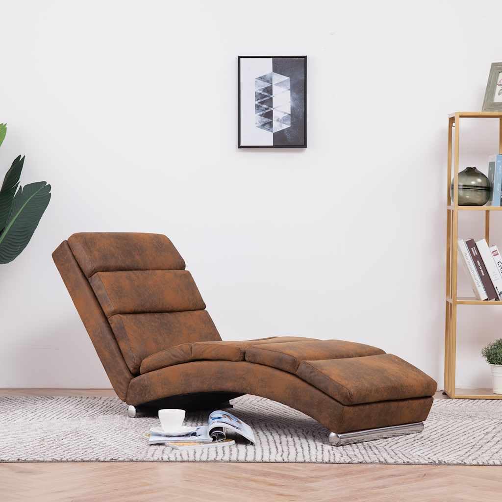 Szezlong brązowy o wyglądzie zamszu, z drewnianą ramą i nogami ze stali nierdzewnej, 155 x 51 x 71 cm, ergonomicznie wyściełany, do salonu, sypialni, biura, lounge, komfortowy relaks i