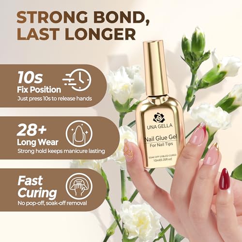 Image of UNA GELLA 9 in 1 Gel Nail Glue for Clear Acrylic Nails Tips 2Pcs 10ml Long Lasting Super Strong Brush on Nail Gel Glue for False Press on Nails Tips Base Blooming Gel, U V Light Required