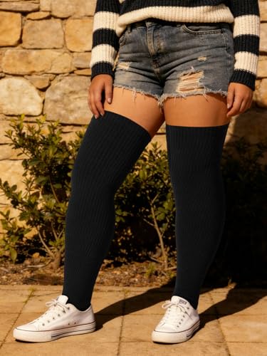 Image of Moon Wood Plus Size Thigh High Socks for Thick Thighs- Womens Knit Cotton Extra Long Over the Knee High Socks Leg Warmer