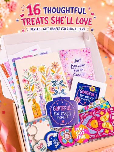 Image of Doodle Magic Moments Gift Hamper for Girls | 16 Cute Goodies with Notebook, Floral Desk Stand, Stickers, Photo Frame, Magnets, Key Ring, Pen, Thoughtful Card, Notecards & Chit Pad | Ready-to-Gift Birthday Hamper | Gift Set for Teens, Best Friends & Sisters