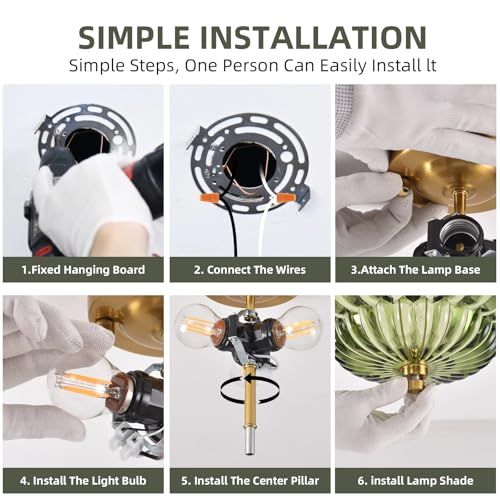 Image of Semi Flush Mount Ceiling Light, Gold Vintage Hallway Light Fixture with Green Glass 11.8 Inch, Close to Ceiling Light for Hallway Living Room Bedroom Kitchen Bathroom Foyer, E26 Base