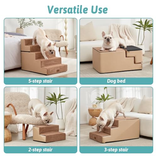 Image of COZY KISS Dog Stairs for Small Dogs, 5 Step Pet Stairs for Beds & Couches | 23.6 inch Extra Wide Non-Slip Dog Steps with Removable Tiers & Support Board for Puppies, Older Cats & Dogs, Light Brown